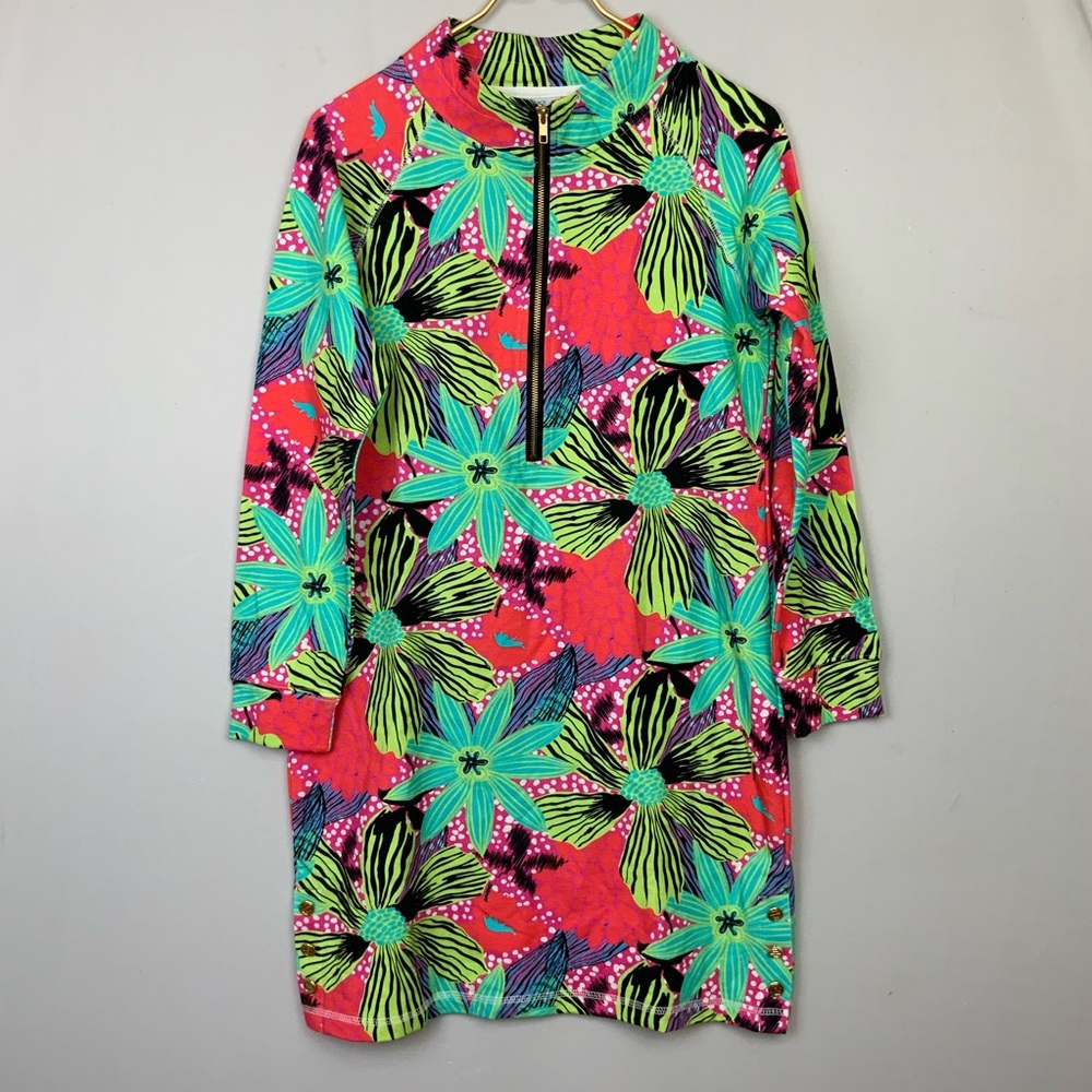 Tracy Negoshian Small Quinn Tunic Dress Tropical Floral Half Zip Resort Cover Up